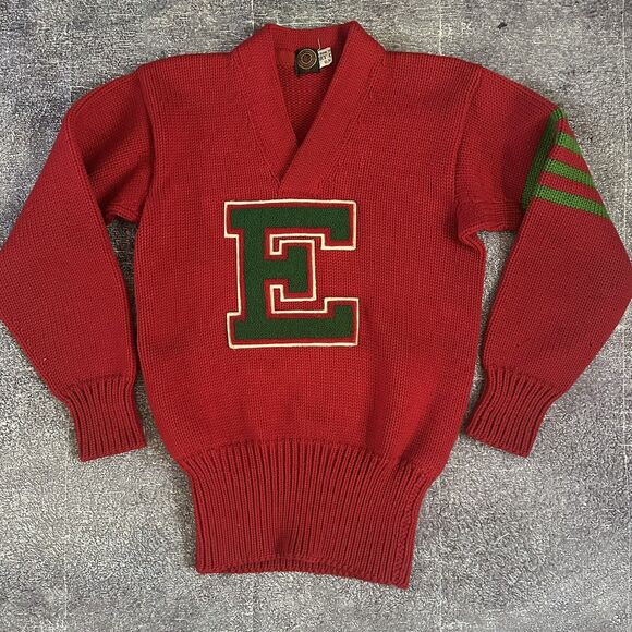 Mens Vintage 50's Lowe & Campbell Big E Red Green V Neck Letterman Sweater Sz 38